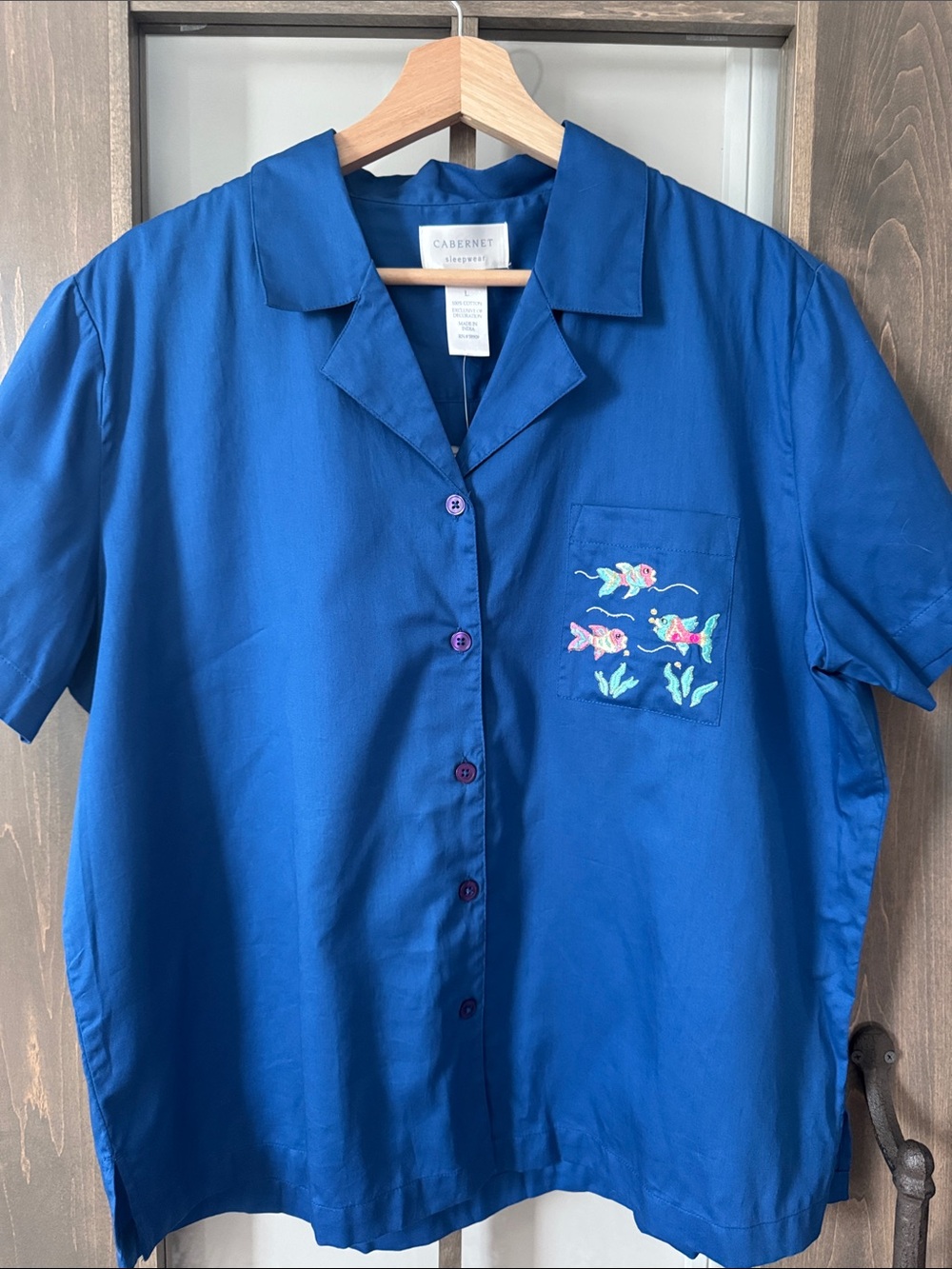Vintage embroidered Fish Pajama Top Womens L Blue Cotton Short Sleeve Grannycore
